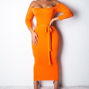 Off Shoulder 3/4 Sleeve Dress with Belt